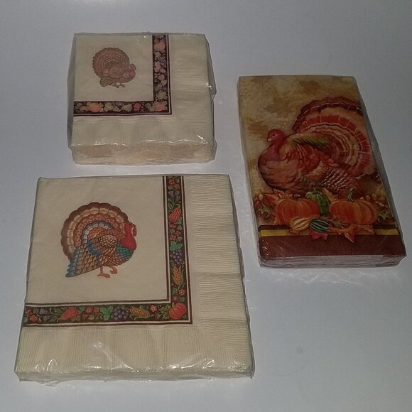 NEW 3 Packages Turkey Thanksgiving Napkins Lot Pumpkins - Picture 1 of 5